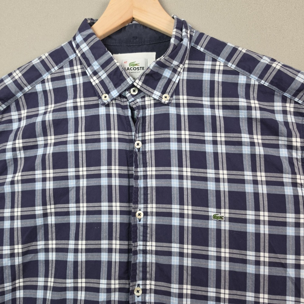 Lacoste Classic Fit Plaid Short Sleeve Button Up Shirt Mens Size 42 Navy Blue
